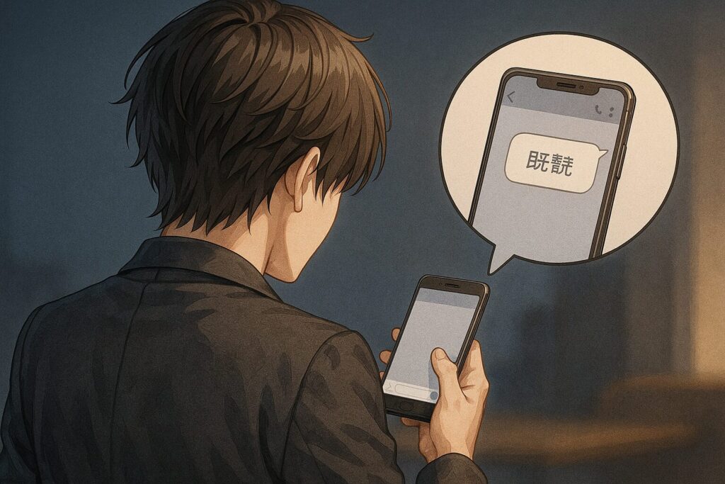 スマホの「既読」画面を見つめる男性の後ろ姿。2020年代ラノベ風の繊細なグラデーション塗りで、既読スルーされた瞬間の切ない心理を表現したイラスト。