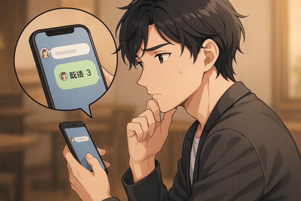 カフェでスマホを見つめる男性のイラスト。グループLINEで自分のメッセージだけ既読が遅く、不安そうに考える姿を、2020年代ラノベ風の繊細なグラデーション塗りで表現。